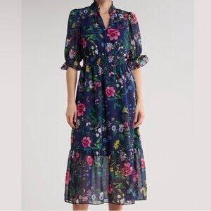 Eliza J Floral Ruffle Collar Midi Dress